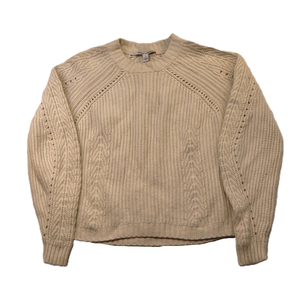 Autumn Cashmere Womens XS Sweater Cream Wool Blend Pointelle Cable Knit Raglan
